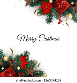 Merry Christmas and Happy New Year. Xmas background with gift box, Snowflakes and balls design.