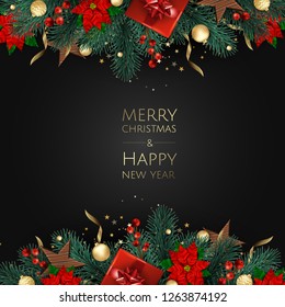 Merry Christmas and Happy New Year. Xmas background with gift box, Snowflakes and balls design.