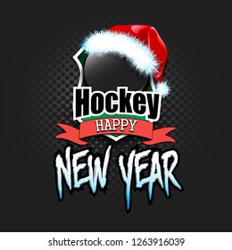Merry Christmas and Happy new year. New year and hockey puck in santa hat on isolated red background. Design pattern for greeting card. Vector illustration