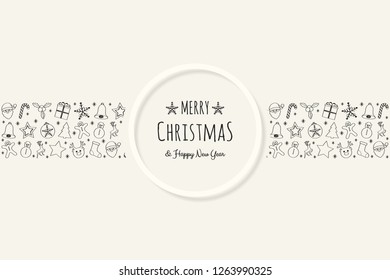 Merry Christmas and Happy New Year - card with hand drawn decorations. Vector.