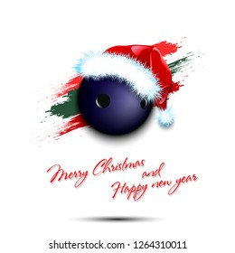 Merry Christmas and Happy new year. New year and bowling ball in santa hat on isolated white background. Design pattern for greeting card. Vector illustration