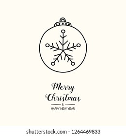 Merry Christmas and Happy New Year - greeting card with hand drawn bauble. Vector.