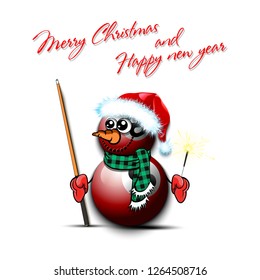 Merry Christmas and happy new year. Snowman from billiard balls on an isolated background. Pattern for banner, poster, greeting card, party invitation. Vector illustration