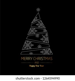 
Merry Christmas and Happy New Year lettering template, greeting card invitation with snowflakes and Christmas tree.