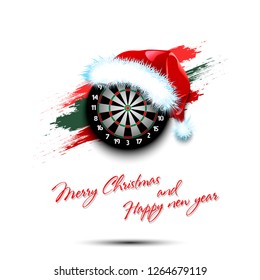 Merry Christmas and Happy new year. New year and dartboard in santa hat on isolated white background. Design pattern for greeting card. Vector illustration