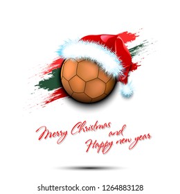 Merry Christmas and Happy new year. New year and soccer ball in santa hat on isolated white background. Design pattern for greeting card. Vector illustration