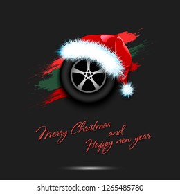 Merry Christmas and Happy new year. New year and wheel car in santa hat on isolated black background. Design pattern for greeting card. Vector illustration