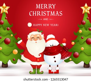 Merry Christmas. Happy new year. Funny Santa Claus with snowman in Christmas snow scene winter landscape with christmas tree. Happy Santa Claus cartoon character.