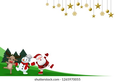 Merry christmas and happy new year companion, Santa claus, snowman and reindeer holding hand each other and celebrate in winter season.