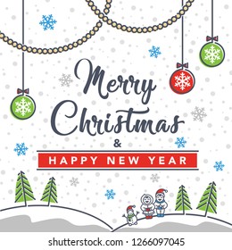 Merry Christmas & Happy New Year  minimalist colorful greeting card in linear style
