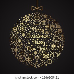 Merry Christmas & Happy New Year - Gold & Black card in a bauble in linear style