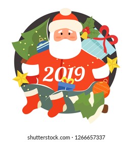 Merry Christmas and Happy New Year 2019. Santa Claus with gifts and Christmas tree. For Christmas cards, banners, tags and labels. Set of cartoon Christmas illustrations isolated on white background.