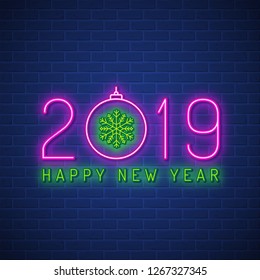 Merry christmas and happy new year 2019 neon banner design template hanging star and glitter balls decoration for neon sign shop, light banner store, bright signboard vector illustration