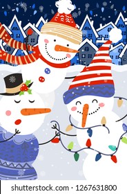 Merry Christmas and Happy New Year winter holidays vertical banner with snowman. Vector illustration