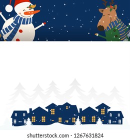 Merry Christmas and Happy New Year winter holidays greeting card with snowman and deer. Vector illustration