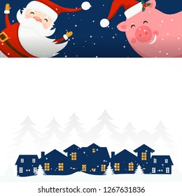 Merry Christmas and Happy New Year winter holidays greeting card with Santa Claus and pig. Vector illustration
