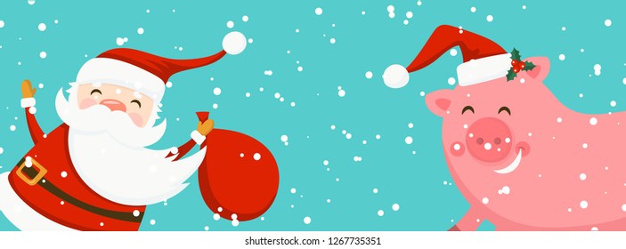 Merry Christmas and Happy New Year winter holidays banner with holidays objects cartoons. Vector illustration