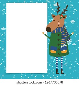 Merry Christmas and Happy New Year winter holidays greeting card with cartoon elements. Vector illustration
