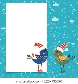 Merry Christmas and Happy New Year winter holidays greeting card with cartoon elements. Vector illustration