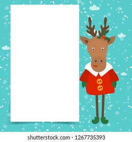 Merry Christmas and Happy New Year winter holidays greeting card with cartoon elements. Vector illustration