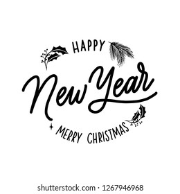 Merry Christmas and Happy new year -  hand lettering round desiign inscription vector.