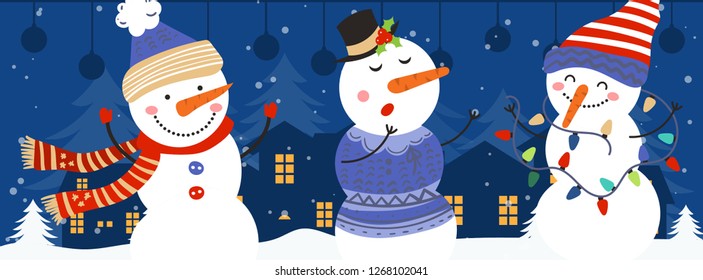 Merry Christmas and Happy New Year winter holidays banner with snowmans. Vector illustration