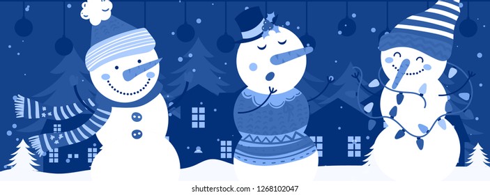 Merry Christmas and Happy New Year winter holidays banner with snowmans. Vector illustration