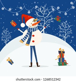 Merry Christmas and Happy New Year winter holidays greeting card with cartoon elements. Vector illustration