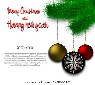 Merry Christmas and Happy new year. Dartboard as a Christmas decorations hanging on a Christmas tree branch. Christmas decorations. Frame for text. Vector illustration