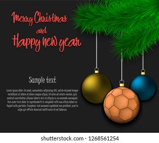 Merry Christmas and Happy new year. Handball ball as a Christmas decorations hanging on a Christmas tree branch. Christmas decorations. Frame for text. Vector illustration