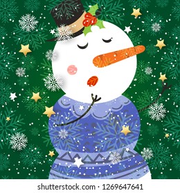 Merry Christmas and Happy New Year winter holidays greeting card with cartoon elements. Vector illustration