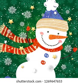 Merry Christmas and Happy New Year winter holidays greeting card with cartoon elements. Vector illustration