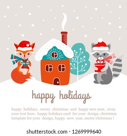 Merry Christmas and Happy New Year! Greeting card with raccoon, fox, house and tree. Winter concept