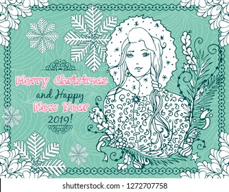 Merry Christmas and Happy New Year 2019 Horizontal Postcard with Hand Drawn Doodles Ornament and Winter Snow Maiden Girl. Vector Snowflakes and lettering Wishes with Frame