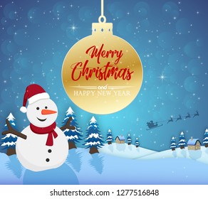 Merry Christmas Happy New Year 2019 and snowman set with snow