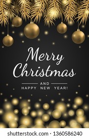 Merry Christmas and Happy New Year greeting card with golden decoration balls hanging on pine tree. Beautiful bokeh background, blurred festive lights. Vector illustration.