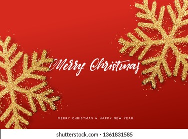 Merry Christmas and Happy New Year. Xmas background with shining golden snowflakes