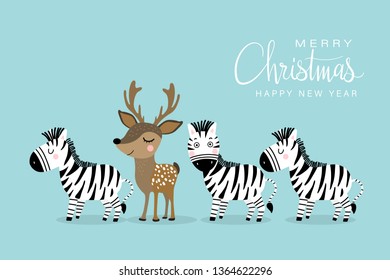 Merry Christmas and happy new year greeting card with cute deer and zebra. Animal wildlife holidays cartoon character. 