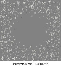 Merry Christmas and Happy New Year - layout of greeting card with festive ornaments. Vector.