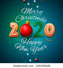 Merry Christmas and Happy New Year 2020 greeting card, vector illustration.