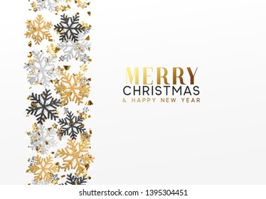 Merry Christmas and Happy New Year. Xmas background with Shining gold Snowflakes. Greeting card, holiday banner, web poster