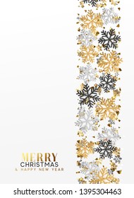 Merry Christmas and Happy New Year. Xmas background with Shining gold Snowflakes. Greeting card, holiday banner, web poster