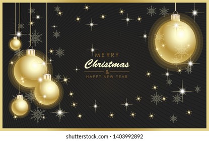 Merry Christmas and Happy New Year gift card background with golden Christmas decoration, balls, stars and snowflakes, vector