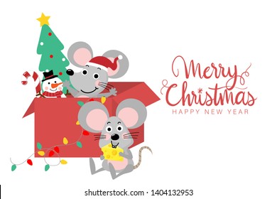 Merry Christmas and happy new year greeting card. Cute mouse, snowman, candy and tree in a box. Little rat in holiday cartoon. Animal character vector.