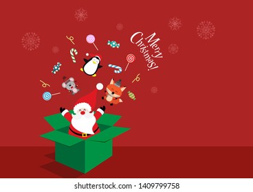 Merry Christmas and happy new year with cute Santa Claus, rat, fox in green gift box red background. Holidays cartoon character vector.