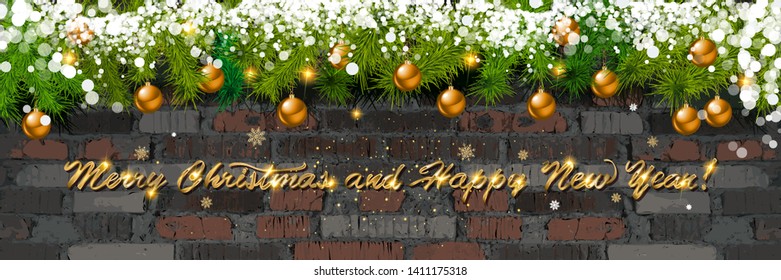 Merry Christmas and happy new year 2020 in gold lettering against a brick wall balls and spruce branches. Vector illustration