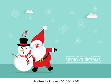 Merry Christmas and happy new year with cute Santa Claus,rat and snowman in green background. Holidays cartoon character vector.