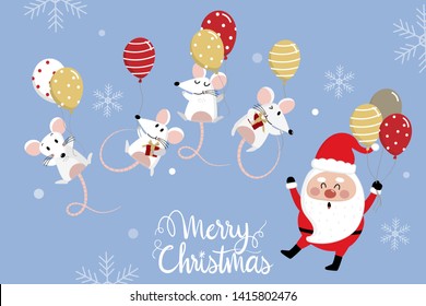 Merry Christmas and happy new year greeting card. 2020 Rat zodiac. Cute mouse, Santa Claus and balloons. Animal cartoon character set.