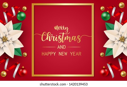 Merry Christmas and happy new year greeting card, postcard, poster with red and green balls, shiny ribbon and red poinsettia flowers on red background. Vector illustration