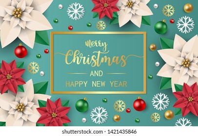 Merry christmas and happy new year greeting card, postcard, poster with balls, red poinsettia flowers and snow on mint green background. Vector illustration